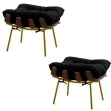 Kit 2 Puffs Decorativos Sala de Estar Abel Base de Madeira Dourada Veludo Preto G41 - Gran Belo