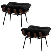 Kit 2 Puffs Decorativos Sala de Estar Abel Base de Madeira Preto Veludo Preto G41 - Gran Belo