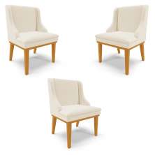 Kit 3 Cadeiras Decorativas Sala de Jantar Base Fixa de Madeira Firenze Linho Bege/Castanho G19 - Gran Belo