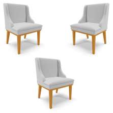 Kit 3 Cadeiras Decorativas Sala de Jantar Base Fixa de Madeira Firenze Linho Cinza/Castanho G19 - Gran Belo