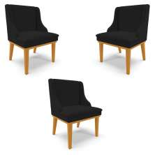 Kit 3 Cadeiras Decorativas Sala de Jantar Base Fixa de Madeira Firenze Linho Preto/Castanho G19 - Gran Belo