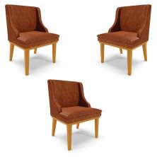 Kit 3 Cadeiras Decorativas Sala de Jantar Base Fixa de Madeira Firenze PU Nozes/Castanho G19 - Gran Belo