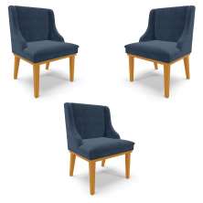 Kit 3 Cadeiras Decorativas Sala de Jantar Base Fixa de Madeira Firenze Suede Azul Marinho/Castanho G19 - Gran Belo