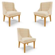 Kit 3 Cadeiras Decorativas Sala de Jantar Base Fixa de Madeira Firenze Suede Bege/Castanho G19 - Gran Belo