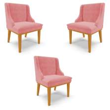 Kit 3 Cadeiras Decorativas Sala de Jantar Base Fixa de Madeira Firenze Suede Rose/Castanho G19 - Gran Belo