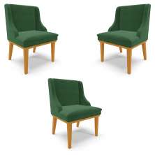 Kit 3 Cadeiras Decorativas Sala de Jantar Base Fixa de Madeira Firenze Veludo Verde Esmeralda/Castanho G19 - Gran Belo