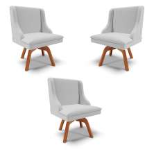 Kit 3 Cadeiras Decorativas Sala de Jantar Base Giratória de Madeira Firenze Linho Cinza/Natural G19 - Gran Belo