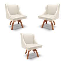 Kit 3 Cadeiras Decorativas Sala de Jantar Base Giratória de Madeira Firenze PU Bege/Natural G19 - Gran Belo