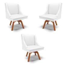 Kit 3 Cadeiras Decorativas Sala de Jantar Base Giratória de Madeira Firenze PU Branco Fosco/Natural G19 - Gran Belo