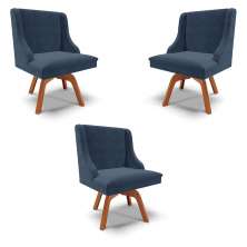 Kit 3 Cadeiras Decorativas Sala de Jantar Base Giratória de Madeira Firenze Suede Azul Marinho/Natural G19 - Gran Belo