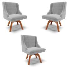 Kit 3 Cadeiras Decorativas Sala de Jantar Base Giratória de Madeira Firenze Suede Cinza/Natural G19 - Gran Belo