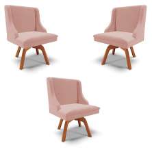 Kit 3 Cadeiras Decorativas Sala de Jantar Base Giratória de Madeira Firenze Veludo Rosê/Natural G19 - Gran Belo
