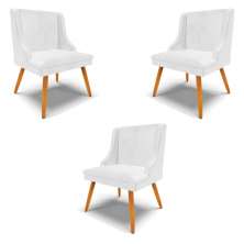 Kit 3 Cadeiras Decorativas Sala de Jantar Pés Palito de Madeira Firenze PU Branco Brilho/Natural G19 - Gran Belo