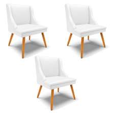 Kit 3 Cadeiras Decorativas Sala de Jantar Pés Palito de Madeira Firenze PU Branco Fosco/Natural G19 - Gran Belo