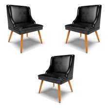 Kit 3 Cadeiras Decorativas Sala de Jantar Pés Palito de Madeira Firenze PU Preto Brilho/Natural G19 - Gran Belo