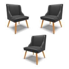 Kit 3 Cadeiras Decorativas Sala de Jantar Pés Palito de Madeira Firenze PU Preto Fosco/Natural G19 - Gran Belo