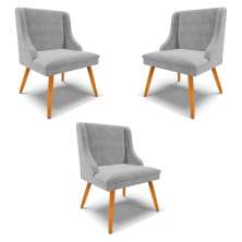 Kit 3 Cadeiras Decorativas Sala de Jantar Pés Palito de Madeira Firenze Suede Cinza/Natural G19 - Gran Belo