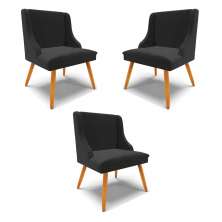 Kit 3 Cadeiras Decorativas Sala de Jantar Pés Palito de Madeira Firenze Veludo Preto/Natural G19 - Gran Belo