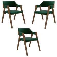 Kit 3 Cadeiras Sala de Jantar e Jogos Carteados Madeira Maciça Poker Veludo Verde/Nogueira G42 - Gran Belo