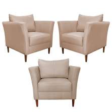 Kit 3 Poltronas Decorativa Sala de Estar Pés Palito Lubbock Couro Bege G58 - Gran Belo