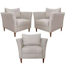 Kit 3 Poltronas Decorativa Sala de Estar Pés Palito Lubbock Couro Off White G58 - Gran Belo