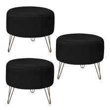 Kit 3 Puffs Decorativos Redondo Pés Metal Couro Preto - Gran Belo