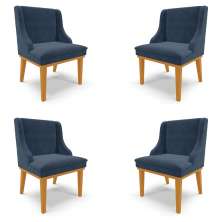 Kit 4 Cadeiras Decorativas Sala de Jantar Base Fixa de Madeira Firenze Suede Azul Marinho/Castanho G19 - Gran Belo
