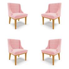 Kit 4 Cadeiras Decorativas Sala de Jantar Base Fixa de Madeira Firenze Suede Rosa Bebê/Castanho G19 - Gran Belo
