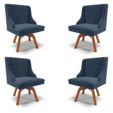 Kit 4 Cadeiras Decorativas Sala de Jantar Base Giratória de Madeira Firenze Suede Azul Marinho/Natural G19 - Gran Belo