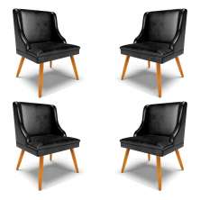 Kit 4 Cadeiras Decorativas Sala de Jantar Pés Palito de Madeira Firenze PU Preto Brilho/Natural G19 - Gran Belo