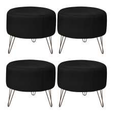 Kit 4 Puffs Decorativos Redondo Pés Metal Couro Preto - Gran Belo