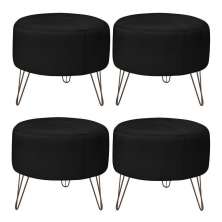 Kit 4 Puffs Decorativos Redondo Pés Metal Couro Preto G58 - Gran Belo