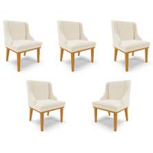 Kit 5 Cadeiras Decorativas Sala de Jantar Base Fixa de Madeira Firenze Linho Bege/Castanho G19 - Gran Belo