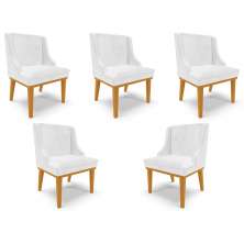 Kit 5 Cadeiras Decorativas Sala de Jantar Base Fixa de Madeira Firenze PU Branco Brilho/Castanho G19 - Gran Belo