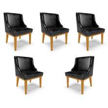 Kit 5 Cadeiras Decorativas Sala de Jantar Base Fixa de Madeira Firenze PU Preto Brilho/Castanho G19 - Gran Belo