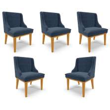 Kit 5 Cadeiras Decorativas Sala de Jantar Base Fixa de Madeira Firenze Suede Azul Marinho/Castanho G19 - Gran Belo