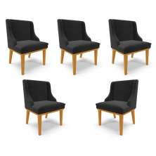 Kit 5 Cadeiras Decorativas Sala de Jantar Base Fixa de Madeira Firenze Veludo Preto/Castanho G19 - Gran Belo