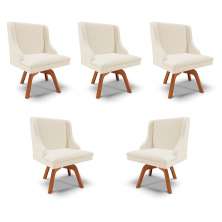 Kit 5 Cadeiras Decorativas Sala de Jantar Base Giratória de Madeira Firenze Linho Bege/Natural G19 - Gran Belo