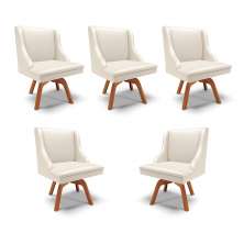 Kit 5 Cadeiras Decorativas Sala de Jantar Base Giratória de Madeira Firenze PU Bege/Natural G19 - Gran Belo