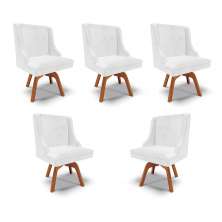 Kit 5 Cadeiras Decorativas Sala de Jantar Base Giratória de Madeira Firenze PU Branco Brilho/Natural G19 - Gran Belo