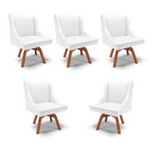 Kit 5 Cadeiras Decorativas Sala de Jantar Base Giratória de Madeira Firenze PU Branco Fosco/Natural G19 - Gran Belo