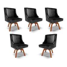 Kit 5 Cadeiras Decorativas Sala de Jantar Base Giratória de Madeira Firenze PU Preto Brilho/Natural G19 - Gran Belo