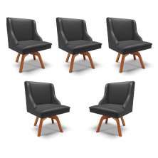Kit 5 Cadeiras Decorativas Sala de Jantar Base Giratória de Madeira Firenze PU Preto Fosco/Natural G19 - Gran Belo