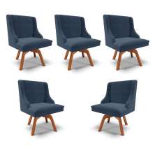 Kit 5 Cadeiras Decorativas Sala de Jantar Base Giratória de Madeira Firenze Suede Azul Marinho/Natural G19 - Gran Belo