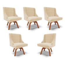 Kit 5 Cadeiras Decorativas Sala de Jantar Base Giratória de Madeira Firenze Suede Bege/Natural G19 - Gran Belo