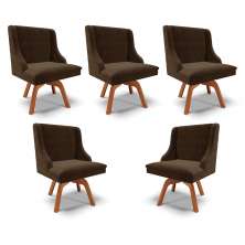 Kit 5 Cadeiras Decorativas Sala de Jantar Base Giratória de Madeira Firenze Suede Marrom/Natural G19 - Gran Belo