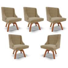 Kit 5 Cadeiras Decorativas Sala de Jantar Base Giratória de Madeira Firenze Suede Nude/Natural G19 - Gran Belo