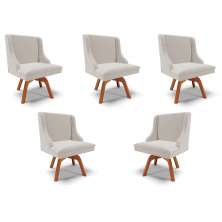 Kit 5 Cadeiras Decorativas Sala de Jantar Base Giratória de Madeira Firenze Veludo Cinza/Natural G19 - Gran Belo