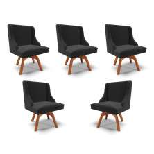 Kit 5 Cadeiras Decorativas Sala de Jantar Base Giratória de Madeira Firenze Veludo Preto/Natural G19 - Gran Belo