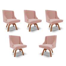 Kit 5 Cadeiras Decorativas Sala de Jantar Base Giratória de Madeira Firenze Veludo Rosê/Natural G19 - Gran Belo